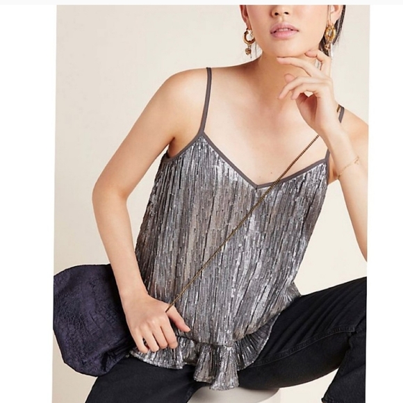NEW Anthropologie Amelie Beaded Cami Pewter Ruffle Hem Evening Top Bohemian Chic - Picture 1 of 11